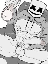 1boy balls bara big_balls big_penis boner condom cum cum_in_condom dripping_cum erection filled_condom gay gay_male helmet helmet_covering_face helmet_only holding_penis hood_down hoodie hoodie_only male male_only marshmello mask mask_only masked masked_male monochrome muscles muscular pantsless penis portal_opst real_person solo solo_male spread_legs