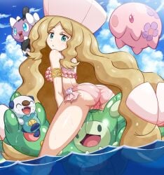 1girls armband ass bikini blonde_hair breasts caitlin_(pokemon) cloud cute digital_media_(artwork) female female_only flower gothita green_eyes hair hat long_hair looking_at_viewer lucky_bastard munna oshawott panties pokemoa pokemon pokemon_(species) pokemon_bw reuniclus sitting sky underboob water wet wet_body