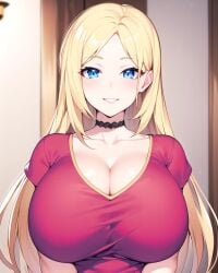 1girls ai_generated big_breasts blonde_hair blue_eyes breasts choker cleavage female female_only hentai high_resolution highres huge_breasts human human_only kazoku_~haha_to_shimai_no_kyousei~ large_breasts looking_at_viewer nai_diffusion pink_shirt skyrimgamer17 smile solo solo_female stable_diffusion watase_otoha