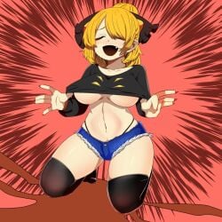 :d alternate_costume black_bow black_panties black_shirt black_thighhighs blonde_hair blue_shorts blush bow breasts closed_eyes clothes_lift commentary_request cute_fang fang female full_body hair_between_eyes hair_bun hair_over_one_eye hairbow highleg highleg_panties kneeling kurodani_yamame large_breasts medium_hair navel nose_blush open_mouth panties rinyamame shirt shirt_lift short_shorts shorts smile solo thighhighs touhou underboob underwear