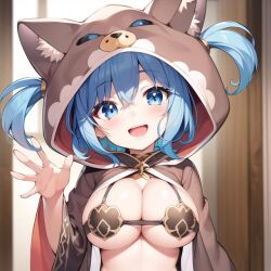 ai_generated animal_hoodie blue_eyes blue_hair demon_girl hentai high_resolution highres medium_breasts muma_no_machi_cornelica nai_diffusion revealing_clothes shiny_hair shiny_skin skyrimgamer17 stable_diffusion string_bra succubus twintails upper_body waving