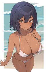 beach bikini brll dark-skinned_female huge_breasts purple_hair tanned tanned_skin yellow_eyes