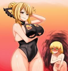 2girls absurdres alternate_costume arm_under_breasts black_bow black_leotard blonde_hair blush bow breast_hold breasts brown_eyes commentary_request completely_nude covered_navel covering covering_breasts covering_crotch cowboy_shot grabbing gradient_background grin hair_bun hairbow highres huge_breasts kurodani_yamame large_breasts leotard looking_at_another looking_at_viewer medium_hair mizuhashi_parsee multi_eye multiple_girls nose_blush nude orange_background pointy_ears rinyamame shaded_face short_hair smile touhou