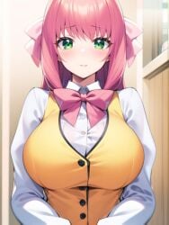 ai_generated chijoku_no_seifuku embarrassed green_eyes hair_ribbon hentai high_resolution highres huge_breasts kasumi_ogawa looking_at_viewer nai_diffusion pink_hair ribbon skyrimgamer17 stable_diffusion vest