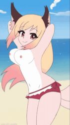 2_tails animated beach blonde_hair breast_play breasts canid canine clothed clothing female fox fur hair highlights_(coloring) humanoid looking_at_viewer luna_(wolfychu) mammal multi_tail pink_highlights red_clothing red_swimwear seaside solo sunniarts swimwear tail tan_body tan_fur topless