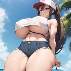 1girls abs aged_up ai_generated athletic_female bare_arms bare_legs bare_midriff bare_shoulders bare_thighs baseball_cap biceps blue_eyes blue_shorts blush brown_hair brunette_hair bust busty cleavage curvaceous curvy curvy_body curvy_female curvy_figure denim_shorts erect_nipples erection_under_clothes game_freak gigantic_breasts hilda_(pokemon) huge_breasts jean_shorts large_breasts long_hair massive_breasts midriff midriff_baring_shirt muscle muscles muscular muscular_arms muscular_female muscular_legs muscular_thighs nemus_waifu_generator nintendo pokemon pokemon_bw ponytail pooplool short_shorts shorts slight_blush tank_top thick_thighs thighs underboob voluptuous voluptuous_female white_shirt white_tank_top wide_hips