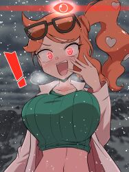 ! 1girls alpha_pokémon alpha_pokegirl big_breasts breasts breath glowing_eyes hi_res horny horny_female kurachi_mizuki labcoat nintendo orange_hair pokemon pokemon_ss ponytail red_eyes snow snowing solo sonia_(pokemon) steam sunglasses sunglasses_on_head sweat thirsty waist