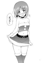 absurdres bare_shoulders belt blush boots breasts choker christmas christmas_clothing christmas_outfit cleavage collarbone commentary crop_top embarrassed female flying_sweatdrops frown girls_und_panzer gloves greyscale highres kyokucho looking_at_viewer medium_breasts midriff miniskirt monochrome navel nishizumi_miho open_mouth santa_costume short_hair skirt skirt_hold solo standing strapless sweat sweatdrop tearing_up thigh_boots thighhighs thighs translated tube_top