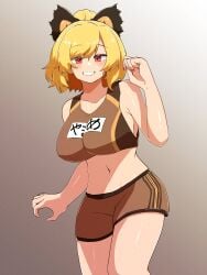 absurdres alternate_costume black_bow blonde_hair blush bow breasts brown_background brown_shorts brown_sports_bra commentary_request feet_out_of_frame female fingernails gradient_background grin hair_between_eyes hair_bun hairbow highres kurodani_yamame large_breasts looking_at_viewer medium_hair midriff navel one-hour_drawing_challenge red_eyes red_nails rinyamame shiny_skin shorts smile solo sports_bra touhou