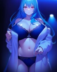 ai_generated aoe_mai blue_eyes bra curvy gigantic_breasts glowing_eyes hentai high_resolution highres mama_x_holic mature_female milf nai_diffusion navel night_sky outdoors panties purple_eyes seductive_look skyrimgamer17 stable_diffusion unzipped_jacket voluptuous