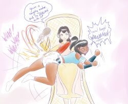 2girls abdl ageplay avatar_legends dark-skinned_female dark_skin diaper diaper_fetish english_text female korra multiple_girls over_the_knee_spanking pema rfswitched spanking speech_bubble text the_avatar the_legend_of_korra water_tribe