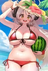 beach blue_archive chubby gourmet_research_society_(blue_archive) happy huge_breasts izumi_(blue_archive) izumi_(swimsuit)_(blue_archive) sheep_horns skindentation smile starry_eyes straw_hat swimsuit voluptuous watermelon