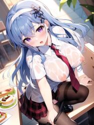 ai_generated blue_hair hairband hentai high_resolution highres huge_breasts imouto_paradise! indoors looking_at_viewer nai_diffusion nanase_ririna necktie nipples pantyhose purple_eyes school_uniform schoolgirl schoolgirl_uniform shiny_clothes shiny_hair shiny_skin skirt skyrimgamer17 stable_diffusion visible_nipples wet_clothes white_hairband