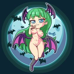 breasts chibi cleavage darkstalkers female female_only large_breasts lipstick medium_breasts morrigan_aensland nipples nude pussy rotzedust solo succubus white_skin