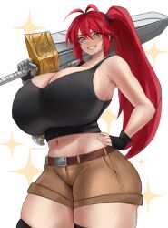 cleavage green_eyes huge_breasts long_hair looking_at_viewer nastart navel original ponytail red_hair shorts smile solo sword tank_top teeth