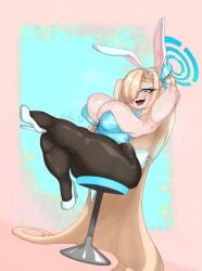 1girls arms_behind_head asuna_(blue_archive) asuna_(bunny)_(blue_archive) asuna_(bunny_girl)_(blue_archive) big_breasts blonde_hair blue_archive blue_eyes breast_squish bunny_ears bunny_tail bunnysuit detached_collar female female_only gloves hair_curtain hair_over_one_eye heels klebo_stuff long_hair looking_at_viewer millennium_science_school_student neck_ribbon open_mouth pantyhose shortstack sitting sitting_on_chair smiling smiling_at_viewer solo thick_thighs very_high_resolution very_long_hair