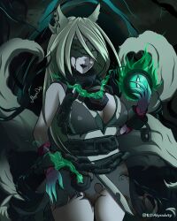 9_tails abyssdeity ahri cleavage corruption dark_persona female league_of_legends lips nine_tailed_fox revealing_clothes ripped_clothing ruination ruined_king_symbol thick_thighs vastaya