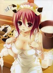 1girls akamaru breasts cleavage cow_ears female female_only hadaka_apron jpeg_artifacts kemonomimi large_breasts oppai solo