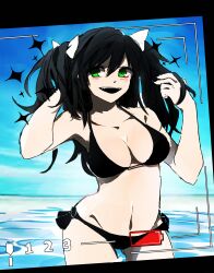 1girls alternate_hairstyle arm_behind_head beach big_breasts bikini black_bikini black_hair breasts busty cleavage esu_(transc) green_eyes highres large_breasts legs navel neo_(rwby) ocean recording rwby smile solo swimsuit thighs twintails voluptuous water