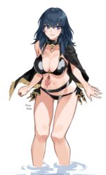 1girls bikini black_bikini black_swimsuit blue_eyes byleth_(fire_emblem) byleth_(fire_emblem)_(female) byleth_(summer)_(fire_emblem)_(female) cleavage female fire_emblem fire_emblem:_three_houses fire_emblem_heroes large_breasts looking_at_viewer navel nintendo oliver_koito simple_background smile solo swimsuit teal_hair