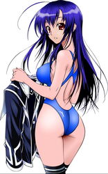 ass back blue_hair breasts competition_swimsuit erect_nipples highres kneehighs kurokami_medaka long_hair looking_at_viewer medaka_box mizugi one-piece_swimsuit red_eyes school_uniform sideboob swimsuit thighhighs