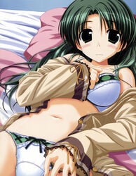 blush bra detexted green_eyes green_hair high_resolution lace-trimmed_panties lingerie long_hair long_sleeves lying navel off_shoulder on_back open_clothes open_shirt oshiki_hitoshi pajamas panties shimamura_shizuho shirt suzunone_seven underwear white_panties