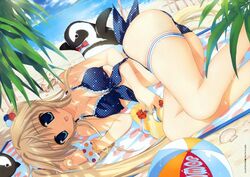 beach beach_ball bikini blonde_hair blue_eyes bracelet checkered checkered_bikini chocolate cleavage front-tie_top fujima_takuya hair_bobbles high_res jewelry lying mizugi on_side open_mouth oppai penguin polka_dot polka_dot_bikini polka_dot_swimsuit sandals smile thigh_band tied_hair twintails water