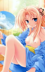 blonde_hair blue_eyes fan miyama-zero oppai pettanko sitting smile wafuku yukata