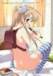 backpack bag blue_stripes footwear instrument looking_back mikeou musical_instrument nude panties panty_pull paper_texture pink_chuchu randoseru recorder_(musical_instrument) socks striped text thighhighs tied_hair translated twintails underwear white_panties woodwind_instrument