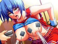 ahe_gao bishop blue_hair blush bondage breasts cheerleader clothing handcuffs huge_breasts kagami kasai_makoto lactation large_breasts mesu_kyoushi milk navel nipples no_bra open_clothes open_mouth open_shirt oppai rope shirt shirt_lift skirt tongue