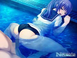 asagiri_luna blue_hair censored coffee-kizoku female gym_uniform long_hair looking_back male marble_bloomers open_mouth ponytail pool purple_eyes school_uniform serafuku sex spread_legs tied_hair tongue water