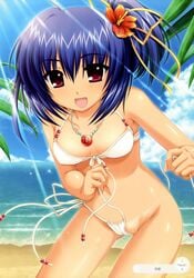 alpha beach bikini black_lemon-chan blue_hair dark_skin high_res jewelry melonbooks mizugi necklace red_eyes short_hair side-tie_bikini string_bikini tanlines tanned undressing