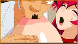 animated bald_man big_breasts breasts facial_hair huge_breasts jyubei large_breasts moustache old_man space_yoko sucking_nipples tengen_toppa_gurren_lagann yoko_littner