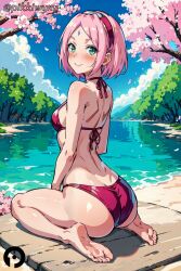 1girls ai_generated ass back barefoot bikini blush breasts cherry_blossoms closed_mouth cloud day eyelashes facial_mark falling_petals feet female female_only foot_fetish forehead_mark from_behind green_eyes hairband haruno_sakura looking_at_viewer looking_back naruto naruto_(series) outdoors petals pikkiwynn pink_hair red_bikini sakura_haruno short_hair sitting sky smile soles solo swimsuit thick_thighs thighs toes toned_legs toned_thighs tree wariza water