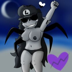 beach black_eyes exposed_breasts five_nights_at_sonic's grey_skin large_breasts luigi mario_(series) nightmare_luiginette rule_63 srridere_(artist) swimsuit thick_thighs