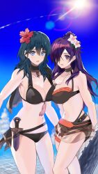 2girls absurdres alternate_costume ao_hito armpits asymmetrical_docking bikini black_bikini black_choker black_swimsuit blue_eyes blue_hair breast_press breasts byleth_(female)_(fire_emblem) byleth_(female)_(summer)_(fire_emblem) byleth_(fire_emblem) byleth_(fire_emblem)_(female) choker cleavage dagger female female_only fire_emblem fire_emblem:_three_houses fire_emblem_heroes fire_emblem_warriors:_three_hopes flower flower_in_hair hair_bun hair_flower hair_ornament hair_over_one_eye hibiscus highres knife large_breasts light-skinned_female light_skin long_hair looking_at_viewer medium_hair multiple_girls navel nintendo official_alternate_costume outdoors purple_eyes purple_hair shez_(female)_(fire_emblem) shez_(female)_(summer)_(fire_emblem) shez_(fire_emblem) smile standing stomach swimsuit tassel teal_hair weapon white_flower