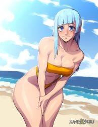 1girls artist_logo beach bikini blue_eyes blue_hair female female_only jujutsu_kaisen kameseru kasumi_miwa long_hair looking_at_viewer medium_breasts solo thick_thighs wide_hips wide_thighs