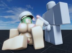 1boy 1girls 3d artist_request baseplate big_areola big_nipples big_penis blush blushing breasts cum cum_on_face female green_hair handjob large_breasts male penis roblox roblox_avatar robloxian sitting source_request tagme thick_hips