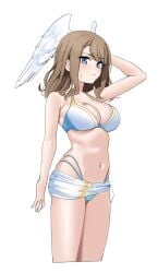 1girls blue_eyes breasts brown_hair eunie_(xenoblade) female female_only fried_bocky high_cut_bottomwear nintendo solo swimsuit tattoo white_wings wings wings_on_head xenoblade_(series) xenoblade_chronicles_3