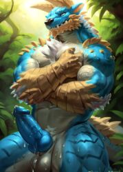 ai_generated anthro balls ballsack blue_body blue_penis blue_skin detailed_background furry horns knot male male_focus monster_hunter muscular notagaylizard penis sheath solo solo_focus standing testicles tuft zinogre