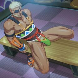 balls beard big_balls big_penis bulge eyepatch facial_hair final_fantasy final_fantasy_x flaccid foreskin male male_only muscles muscular muscular_male penis schizoid sitting solo solo_male spread_legs uncircumcised vuroja