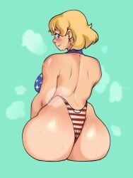 1girls american_flag_bikini ass blonde_hair blue_eyes bo_(itsjustnormie) breasts dat_ass hips huge_ass itsjustnormie large_ass large_breasts looking_at_viewer looking_back medium_hair simple_background sweatdrop swimsuit thighs wide_hips