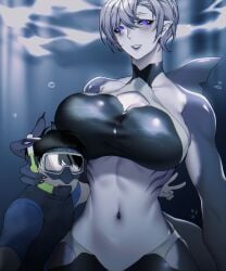 1boy1girl 1girls 2023 2d big_breasts black_hair blush breasts bubbles cero_rains clothed_female clothed_male diving_suit ear_piercing faceless_male female female_focus finished gills grey_skin holding_head larger_female looking_at_viewer male monster_girl navel original peace_sign pointy_ears purple_eyes selfie shark shark_fin shark_girl shark_tail sharp_teeth short_hair size_difference skimpy smaller_male smile thighs toned toned_female underwater white_hair