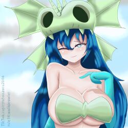 annetta_fish_(rayman) big_breasts bikini_top blue_background blue_eyes blue_hair blush breasts bright_background cleavage clouds cloudy_sky dark_blue_hair headwear hearts huge_breasts long_hair looking_to_the_side nymph_(rayman) one_eye_closed rayman_(series) rayman_origins self-upload sky smiling tagme walikbrawler wink winking zapirstehozawra2006