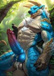 ai_generated anthro balls ballsack big_penis blue_body blue_penis blue_skin detailed_background furry horns hyper_penis knot leaking_precum male male_focus monster_hunter muscular notagaylizard penis precum sheath solo solo_focus standing testicles tuft zinogre