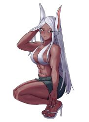 1girls abs adjusting_hair animal_ears athletic_female bare_arms bare_shoulders bikini bikini_top_only boku_no_hero_academia breasts closed_mouth collarbone cutoffs dark-skinned_female dark_skin eyelashes feet female full_body hand_in_own_hair high_heels highres kemonomimi large_breasts legs legs_together long_eyelashes long_hair looking_at_viewer mature_female miruko muscular muscular_female my_hero_academia nail_polish navel parted_bangs rabbit_ears rabbit_girl rabbit_tail red_eyes rumi_usagiyama sandals shadertoons short_shorts shorts smile solo squatting stomach swimsuit tail thick_thighs thighs thong_footwear thong_high_heels thong_sandals toenail_polish toenails toned usagiyama_rumi white_background white_bikini white_footwear white_hair white_nails