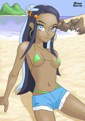 1girls beach bikini_top black_hair blue_eyes blue_hair breasts clothing dark-skinned_female dark_skin earrings eyelashes female green_bikini hoop_earrings jelliedwarrior long_hair looking_at_viewer medium_breasts multicolored_hair navel nessa_(pokemon) pokemon shorts solo string_bikini two_tone_hair water