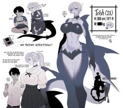 1boy1girl 1girls 2023 2d big_breasts black_hair blush breasts cero_rains clothed clothed_female ear_piercing english_text female female_focus gills grey_skin holding_head larger_female legs looking_at_viewer male monster monster_girl navel original peace_sign pointy_ears purple_eyes selfie shark shark_fin shark_girl shark_tail sharp_teeth short_hair size_difference skimpy smaller_male smile tail taller_girl text thighs toned toned_female white_background white_hair