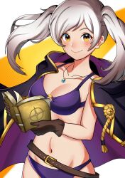 1girls absurdres alternate_costume bikini black_cloak bonoshii book breasts brown_gloves cleavage cloak female female_only fire_emblem fire_emblem_awakening fire_emblem_heroes gloves highres holding holding_book jewelry looking_at_viewer necklace nintendo o-ring o-ring_bikini official_alternate_costume purple_bikini purple_swimsuit robin_(female)_(summer)_(fire_emblem) robin_(fire_emblem) robin_(fire_emblem)_(female) smile solo swimsuit twintails white_hair