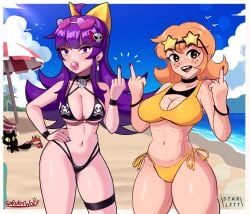 2girls beach_crab bikini black_bikini black_cat blonde_hair breasts c_starlett cat crab crwon female female_only flipping_viewer_off fully_clothed layered_bikini middle_finger mouthless multiple_girls navel oc original original_character purple_hair revealing_clothes sarukaiwolf skimpy_clothes skull_print_bikini starlett_animations sunglasses sunglasses_on_head swimsuit tagme violentine_(sarukaiwolf) yellow_bikini